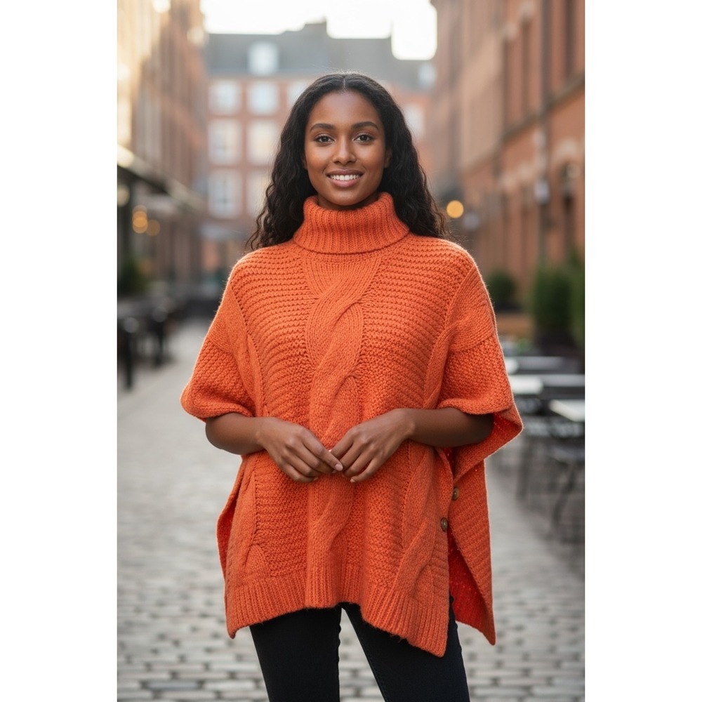 Cable Knit Turtleneck Poncho Sweater Orange Pullover Cape Layering